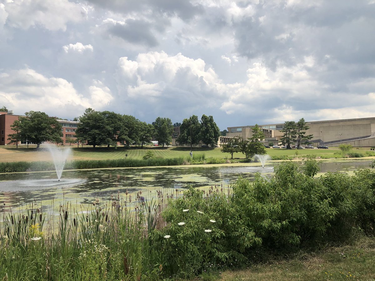 Great clouds roll in on campus. Love the fountains and green spaces <a href="/UMassAmherst/">UMass Amherst</a> and <a href="/AmherstCollege/">Amherst College</a>! ❤️ <a href="/SHARPorg/">SHARP (@sharporg@hcommons.social)</a> #sharp19 #amherst #fountains #scenery #greenspace