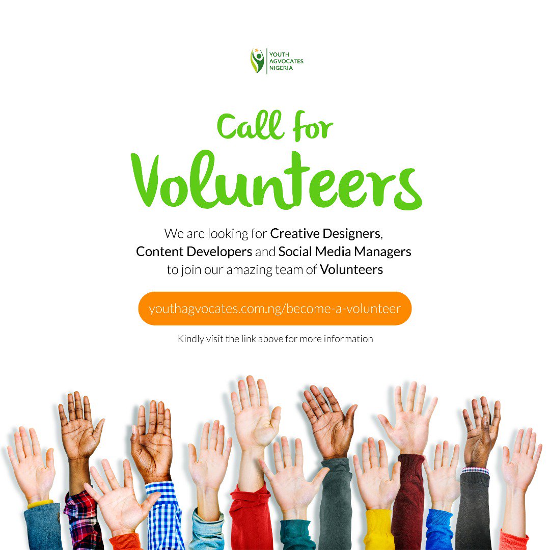 YouthAgvocateNg's tweet photo. Would you like to volunteer and be a part of us? Are you willing to learn, grow and exchange value within a  growing community of Youth for Agriculture in Nigeria?

Apply here,
https://t.co/rLFWwcHZgz

#Youth4Ag #youthInAg #Agtivated #YAN #agriculture #youth #Advocacy https://t.co/RNy22r9Ubm