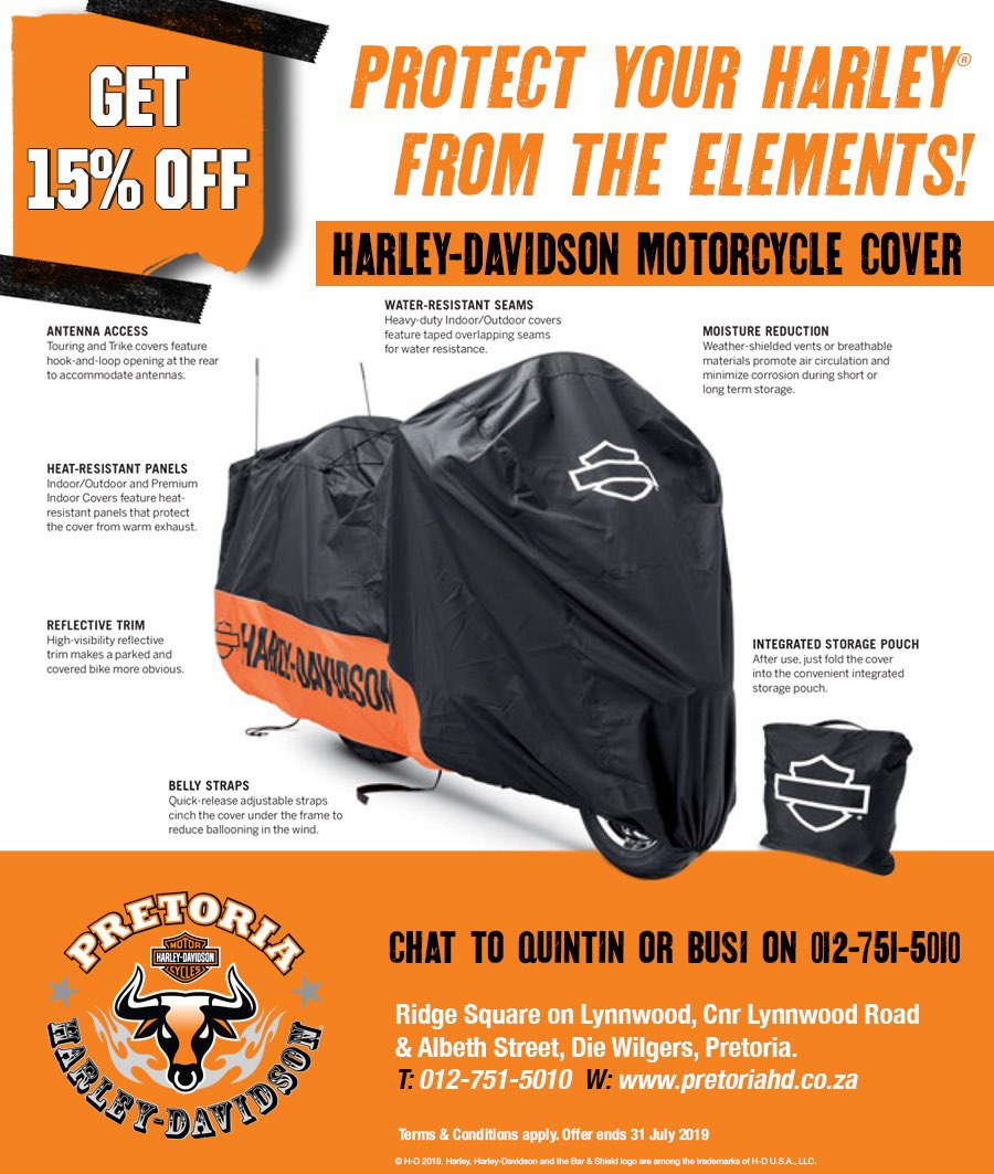 Purchase a H-D Bike Cover in the month of July and get 15% OFF from Pretoria Harley-Davidson. Chat to Quinton or Busi on 012-751-5010 for more info. 
#harleydavidson #bikecovers #pretoriaharley