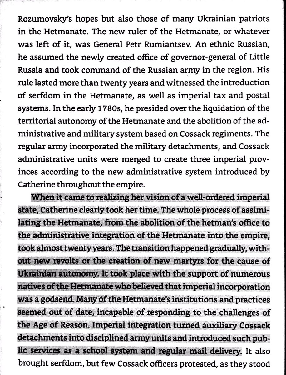 Yekaterina the Great gradually incorporated Ukraine into the Empire, avoiding a bitter opposition. Enserfment of population enriched cossack notables, making them loyal. Governance was improved, with regular mail and schools.