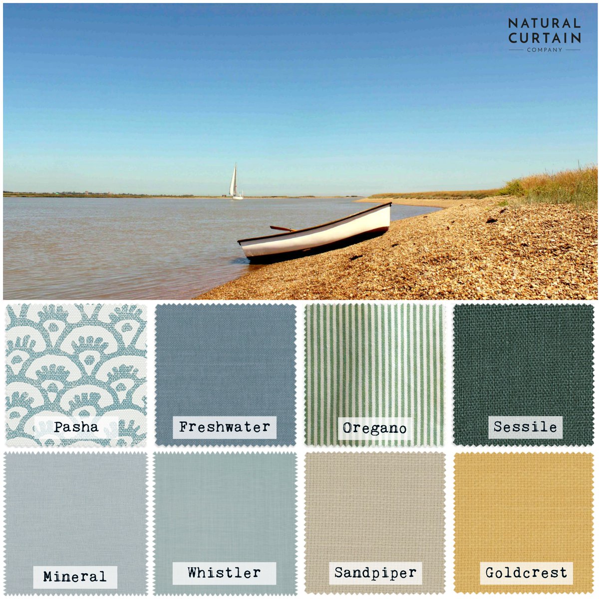 🏖️COASTAL🏖️ We're so lucky to live a stone's throw from the Suffolk Coast and when it's hot we head to the beach or down the river. Here's our Suffolk Summer Inspired Moodboard of #madetomeasure fabrics *Get 20% off with Summer Sale Code SUNNY20 * naturalcurtaincompany.co.uk
