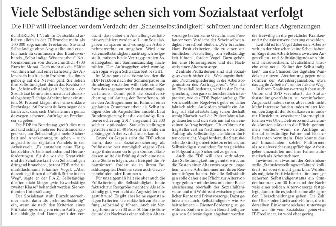 Gelungener Gastbeitrag meines Kollegen @johannesvogel. Wir brauchen keine Gängelung von Selbstständigen, sondern eine neue Kultur der #Selbstständigkeit. #NewWork #FDP