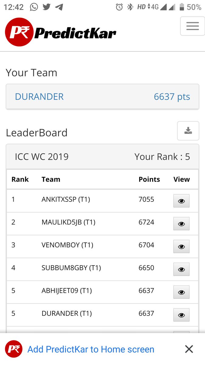 <a href="/PredictKar/">PredictKar</a> just miss Strac or Warner any one in my team i got 1st Prize but still I'm Happy 😍