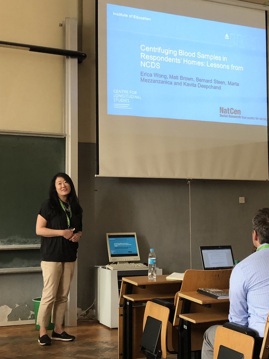 CLScohorts's tweet image. Erica Wong begins her #ESRA19 talk, Centrifuging Blood Samples in Respondents’ Homes: Lessons from #NationalChildDevelopmentStudy