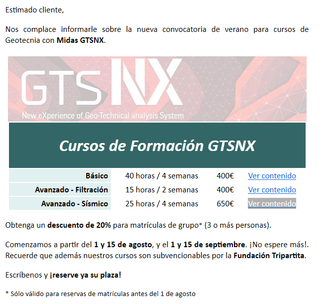 simulsofting's tweet photo. Próximos Cursos online de Geotecnia con Midas GTS-NX. ¡Matrícula Abierta!
Escribe a formacion@simulsoft-ingenieros.es

Básico 
40 horas / 4 semanas
400€

Avanzado - Filtración 
15 horas / 2 semanas
400€

Avanzado - Sísmico 
25 horas / 4 semanas
650€ https://t.co/Zn4WfDg8vc