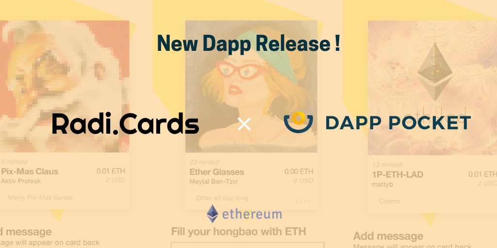 Radi.Cards Available on 🤝DappPocket now lets you send crypto-ecards to your friends and family💌Use 2000+ Dapps on Dapp Pocket now. It supports both <a href="/ethereum/">Ethereum</a> and <a href="/Tronfoundation/">TRON Dao</a> Dapps! ❤Try it on our App pse.is/DP-telegram