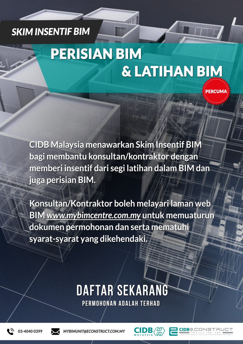 CIDB Malaysia (@cidbmalaysia) on Twitter photo Tahukah Anda?
CIDB Malaysia menerusi anak syarikatnya, CIDB Econstruct sedang menganjurkan Program Skim Isentif BIM 2019. Jom sertai dan tingkatkan kepakaran anda dalam pengendalian perisian Building Information Modelling atau BIM dalam projek pembinaan anda.
1/2 Tahukah Anda?
CIDB Malaysia menerusi anak syarikatnya, CIDB Econstruct sedang menganjurkan Program Skim Isentif BIM 2019. Jom sertai dan tingkatkan kepakaran anda dalam pengendalian perisian Building Information Modelling atau BIM dalam projek pembinaan anda.
1/2