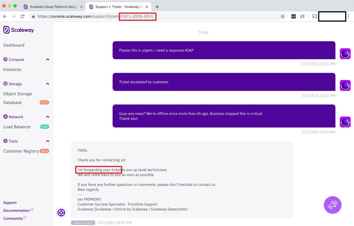 elpua's tweet photo. @Scaleway_Help I'm sorry but this kind of update is unacceptable after 19+ hours of downtime. You just forwarded the ticket TWICE, which to our us means absolutely nothing. We just know we are losing money whist you apparently do nothing. What is the root cause of the problem? Pleas solve it! https://t.co/rHrJnPUcI9