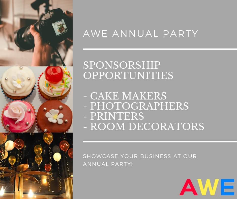 areyouinawe's tweet photo. Our annual AWE Party will be taking place on the 10th October 🎉🥳  

We're looking for Cake Makers, Room/Table Decorators, Photographers and Printers who would be interested in sponsoring the event by providing their services on the day 😃 https://t.co/AX0KSJORRo