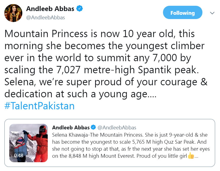 appcsocialmedia's tweet photo. #MountainPrincess is now 10 year old, this morning she becomes the youngest climber ever in the #world to summit any 7,000 by scaling the 7,027 metre-high #Spantik peak
#APPNews #TalentPakistan @AndleebAbbas @MoIB_Official @PTIofficial @pid_gov @PTVNewsOfficial @RadioPakistan https://t.co/zpWje67PKh