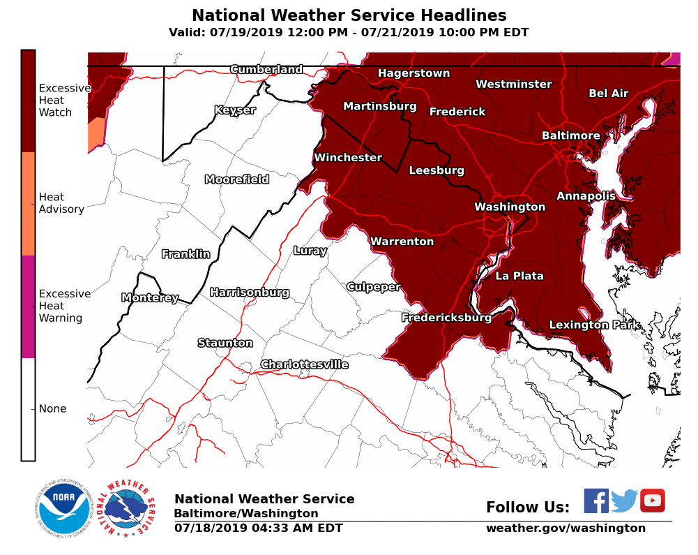 UPDATE: Excessive Heat Watch extended through Sunday. Prolonged, persistent oppressive heat and humidity expected, even at night, which enhances the risk for #heat related illnesses. Visit weather.gov/safety/heat for heat safety tips.