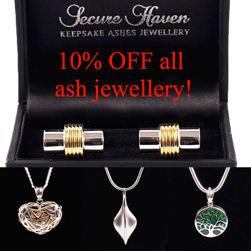 10% OFF ASH JEWELLERY!! We currently have a sale on our ash jewellery products, with a wide range of pendants, beads, bangles and cufflinks to suit everyone. All of our pieces hold ashes securely and discreetly and come in a beautiful presentation box #ashjewellery #sale