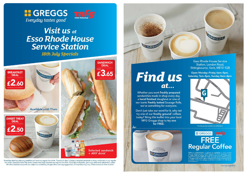 MotorFuelGroup's tweet photo. Grab a delicious #breakfast or lunch today at @EssoGB Rhode House #ServiceStation @Greggs. Print out this #voucher to #free regular #coffee! Weβve got unmissable deals on #hotbreakfasts, #sweettreats and #freshlymade #sandwiches. Find us at London Road, Sittingbourne, ME10 1QB https://t.co/LEhNBftDwk