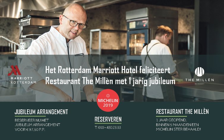 Het Rotterdam Marriott Hotel feliciteert Restaurant The Millèn met het 1 jarig jubileum! 1 jaar geopend, binnen 5 maanden een Michelin Ster behaald.

Restaurant The Millèn serveert van 18 juli t/m 31 augustus 2019 een Jubileummenu voor €97,50 p.p.

bit.ly/2SmtrNm