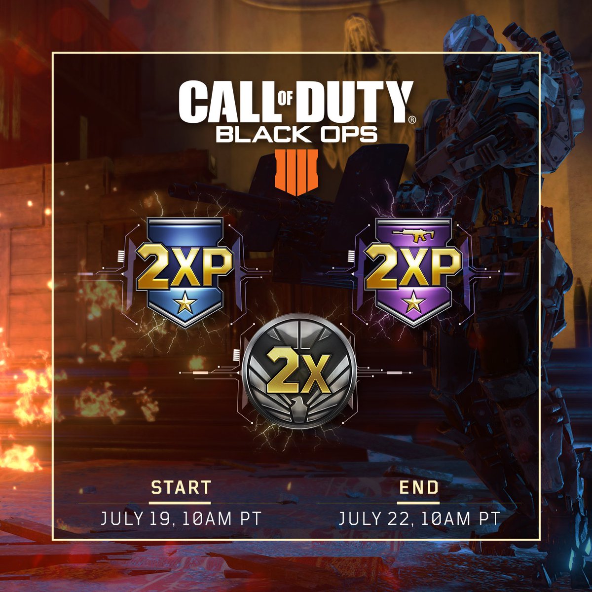 Tomorrow through July 22 at 10AM PT, get Double XP/Merits and Double Weapon XP all weekend long in #BlackOps4.