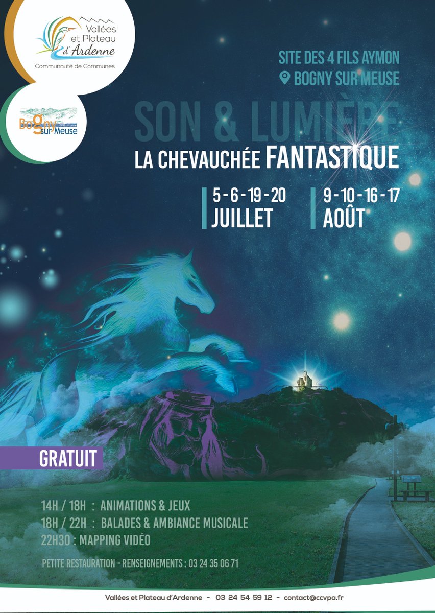 Musee08Metal's tweet photo. Rdv ce week-end sur la platelle des 4 Fils Aymon pour la Chevauchée Fantastique ! Balade à 18h30, concert à 20h et Son et Lumière à 22h30. Petit changement pour le samedi, le groupe Blues Bottoms assurera le concert à la place du Pré Folk
#ardennes #animation #bogny #été https://t.co/6GFOFTLGL1