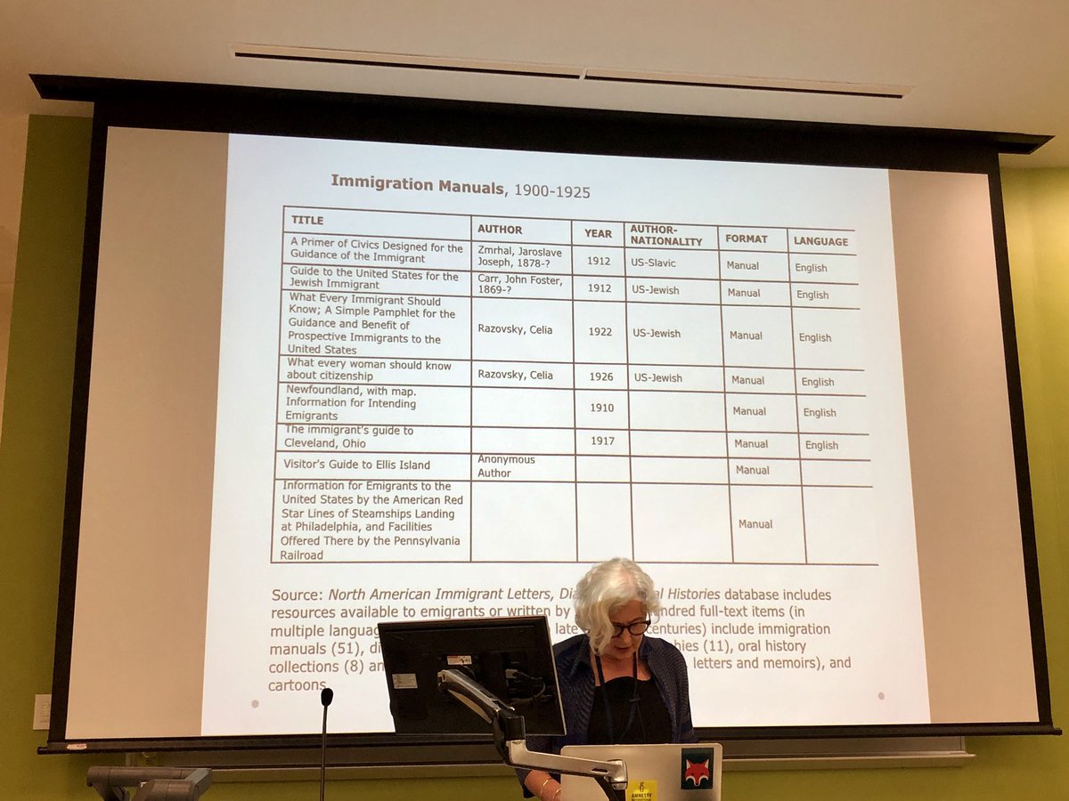 Shaf_Towheed's tweet photo. Marija Dalbello presents this remarkable information about emigrant manuals for various European communities migrating to America in the late 19th/early 20thC at #SHARP2019 panel 8.3 on reading travellers @SHARP_2019 @eureadit @TheUKRED https://t.co/5aI8E4zo0K