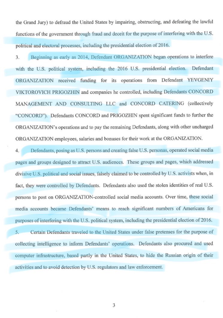 3/ 13 people, 3 companies indicted: a foreign influence campaign targeting U.S., dox say Prigozhin funded. Defendants illegally posing as Americans to disrupt presidential election. Traveling here to gain intel.Strategic goal: cause discord. Support Trump, bash Hillary.