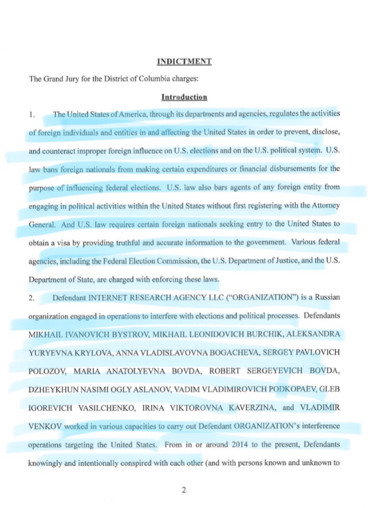 3/ 13 people, 3 companies indicted: a foreign influence campaign targeting U.S., dox say Prigozhin funded. Defendants illegally posing as Americans to disrupt presidential election. Traveling here to gain intel.Strategic goal: cause discord. Support Trump, bash Hillary.