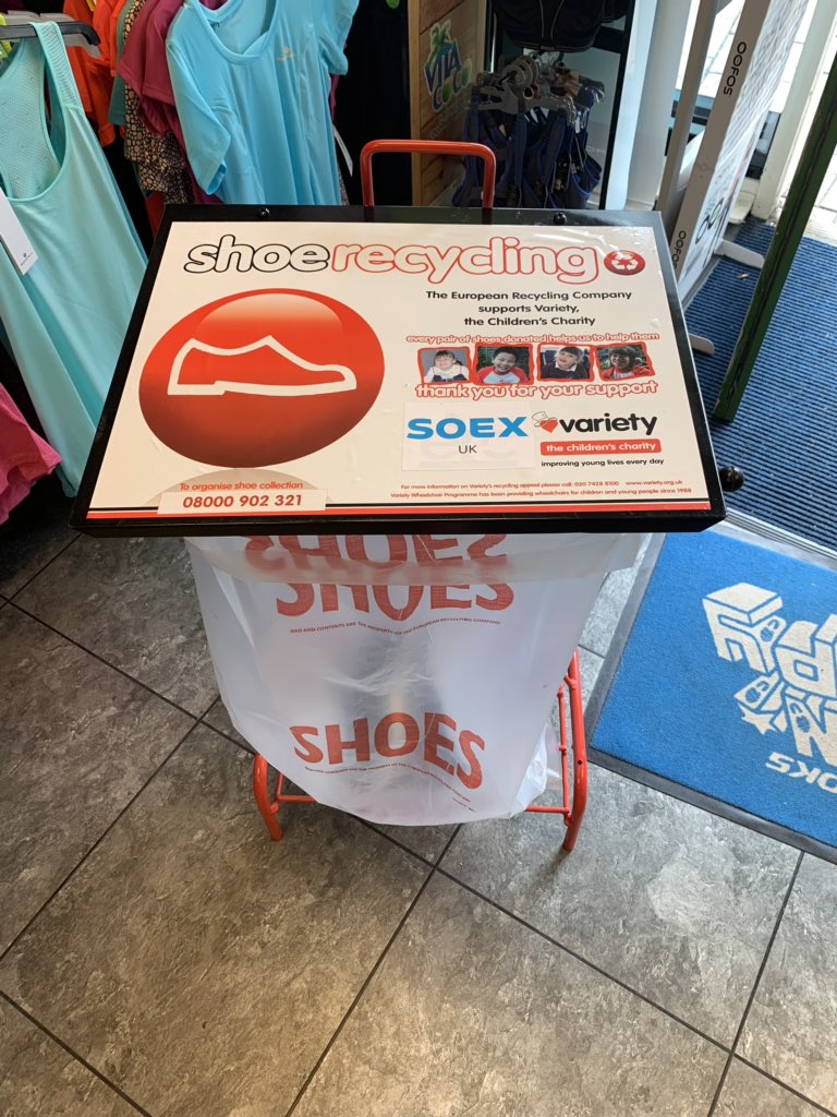 We’re now a shoe recycling-ready store!

Thanks to the guys at <a href="/SOEX_UK/">SOEX UK</a> we can take your old running shoes and find them a new home.

Their work with <a href="/VarietyCharity/">Variety Charity</a> helps to reuse shoes wherever possible, and if not recycle them. 

Put your shoes in our bin, not yours! #recycle