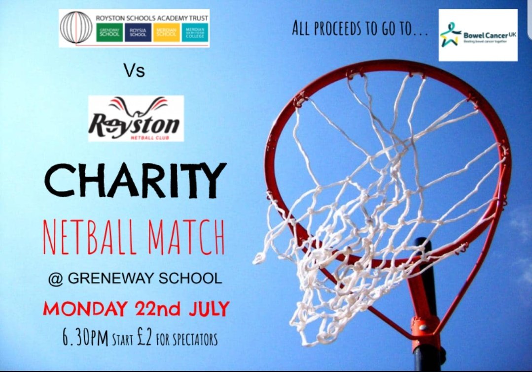 Excited to announce the following fixture for our staff netball team. All support welcome on Monday to raise money for a great cause <a href="/bowelcanceruk/">Bowel Cancer UK</a>. Thank you to <a href="/RoystonNetball/">Royston Netball</a> for making this happen. #TEAM #maythebestteamwin