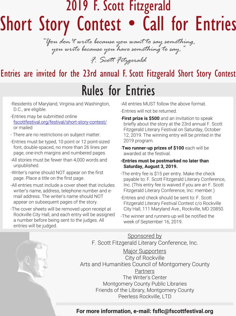 FScottFestival's tweet photo. The F. Scott Fitzgerald Short Story Contest is now open. Get your best stories in before August 3rd for the chance to win $500 and an invitation to speak at this year's festival! For more info, visit https://t.co/j2RPqBKkUv #FScottFestival https://t.co/VkCgRH6N5S