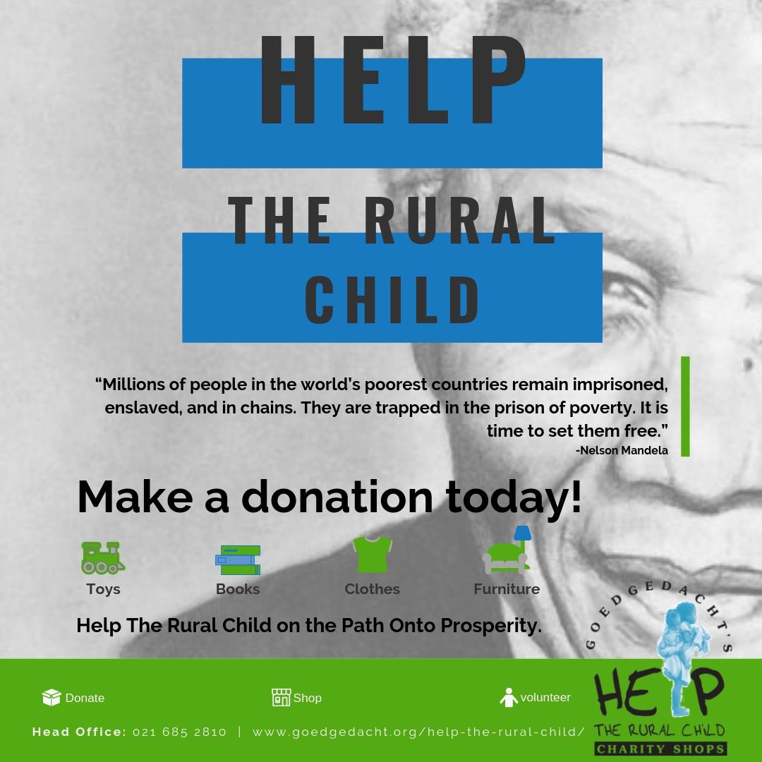 HelpRural's tweet image. Celebrate the legacy of Nelson Mandela.
Help The Rural Child on the Path onto Prosperity, by donating your unwanted toys, books, clothes and furniture.

We’ll collect just give us a call on 021 685 2810

For more information visit: goedgedacht.org/help-the-rural…
#NelsonMandelaDay