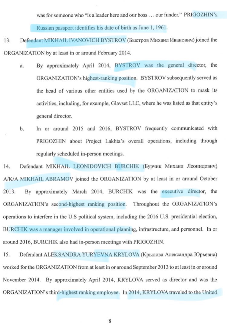 6/ THE MANAGEMENT: The Defendants Hierarchy.The indictment details “Project Lakhta” dept heads and a monthly budget of $1,250,000 million dollars, plus bonuses.That included paying an American to stand in front of the White House wishing the boss, Prigozhin, a happy birthday.