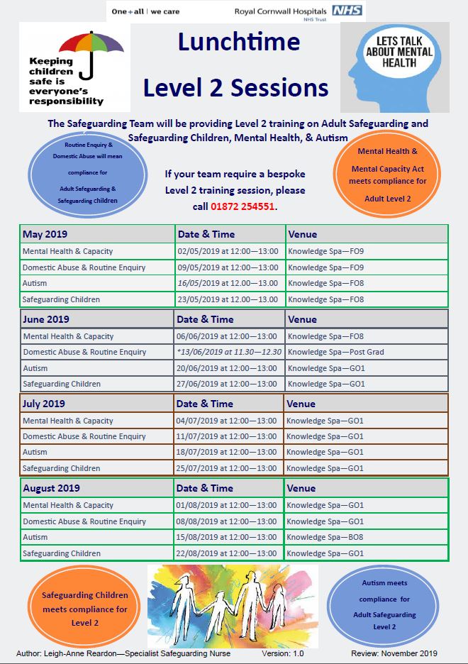 There are still limited spaces on the upcoming Safeguarding training this summer! Book yourself on via ESR or contact the team on x5148