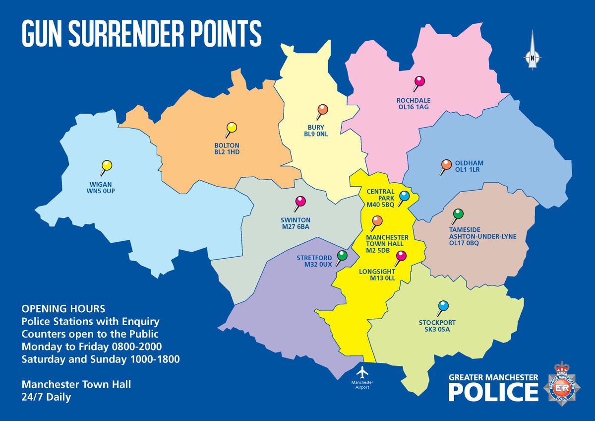 gmpolice's tweet image. The National Firearms Surrender starts on Saturday 20 July. You can hand your firearm in at any of GMP’s 12 police stations, where an officer will safely dispose of it. #gunsurrender #getshotofit crowd.in/orGZkv