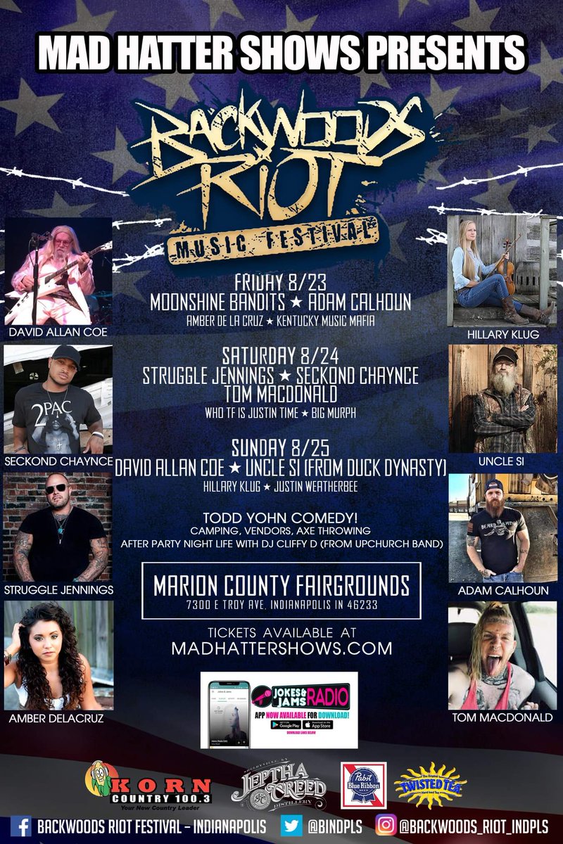Mad Hatter Shows (@madhattershows) on Twitter photo Saturday Aug. 24th <a href="/SeckondChaynce/">Seckond Chaynce</a> is performing at the Backwoods Riot Fest in Indianapolis along with other amazing artist. Get your tickets now, as this will be the summer fest everyone is talking about.
#musician #Indianapolis #Indiana #festival #backwoods #countrymusic Saturday Aug. 24th <a href="/SeckondChaynce/">Seckond Chaynce</a> is performing at the Backwoods Riot Fest in Indianapolis along with other amazing artist. Get your tickets now, as this will be the summer fest everyone is talking about.
#musician #Indianapolis #Indiana #festival #backwoods #countrymusic