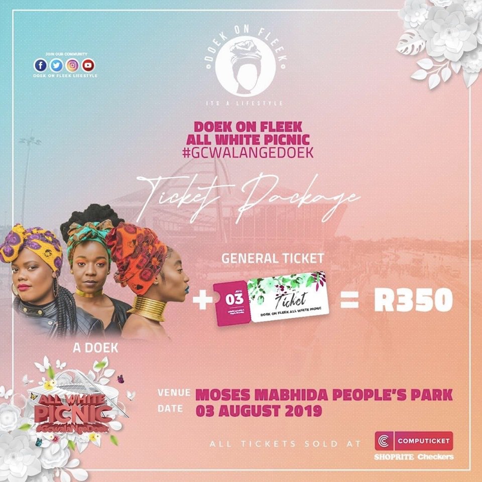 RosieMotene's tweet photo. A doek + a ticket = R350. Join us at @DoekOnFleek_ZA on 3 August 2019 and support @POWA_ZA through @TakeThisThread #powa #takethisthread #doekonfleek https://t.co/ZIHHStF7Gd