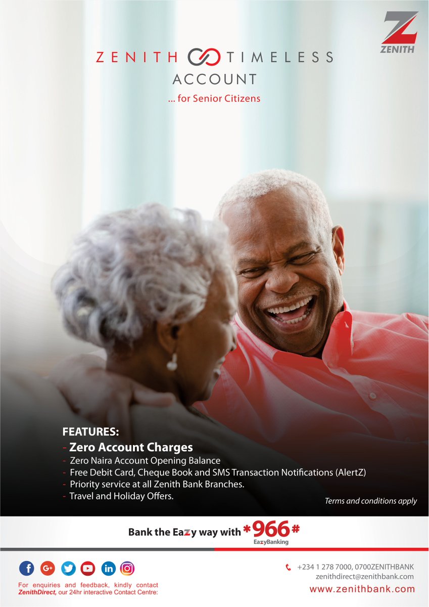 ZenithBank's tweet photo. Senior Citizens can now open the Zenith Bank Timeless Account and enjoy zero account charges! Simply dial *966*0# from your mobile phone or walk into any Zenith Bank Branch to open one today!
#TimelessAccount #ZeroBalance https://t.co/nFXH6a06bv