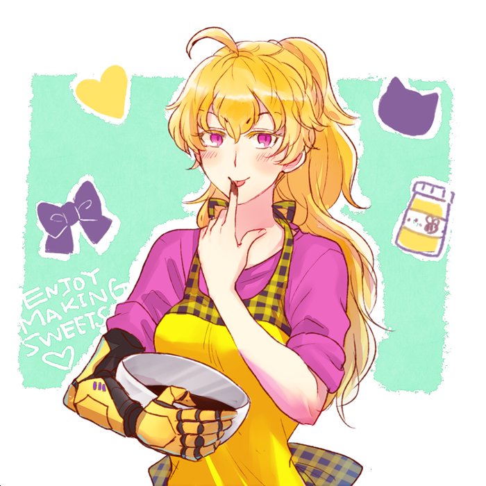 Yang was in the kitchen doing some baking. She stuck her finger in the bowl and then she licks her finger. She then looks at you watching her "Hmm? Oh don't mind me I'm just doing some baking. You wanna try some later?" She would ask you