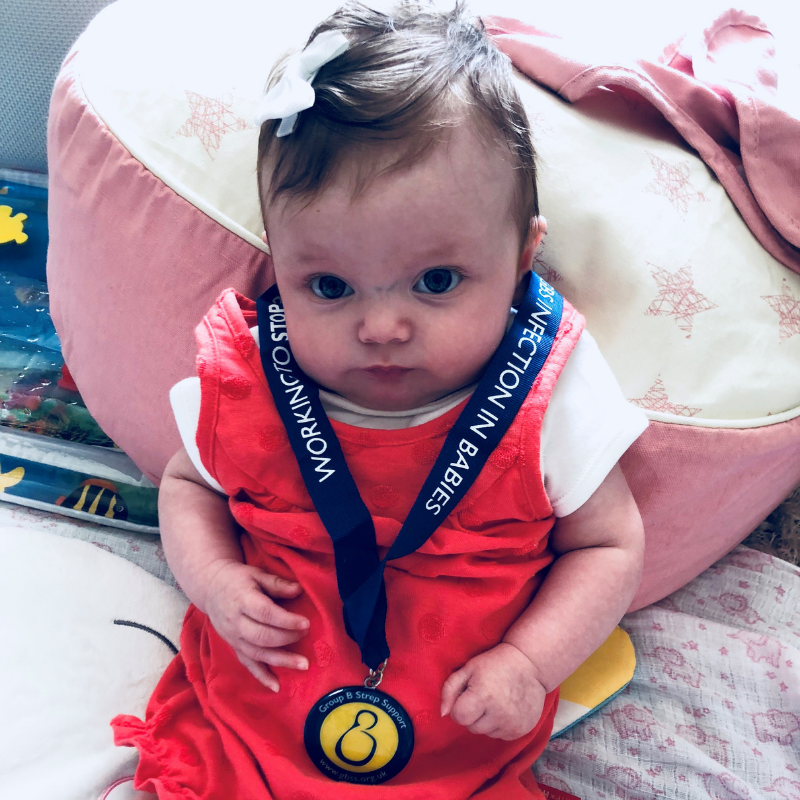 GBSSupport's tweet photo. Lovely to hear from Lauren and baby Nellie who completed the Steps against Strep challenge and raised over £1300 for @GBSSupport . Here’s little Nellie wearing the medal with pride as she’s the main reason for them taking part in this challenge.
#GBSAM19 #stepsagainststrep https://t.co/p3LNG69dxT
