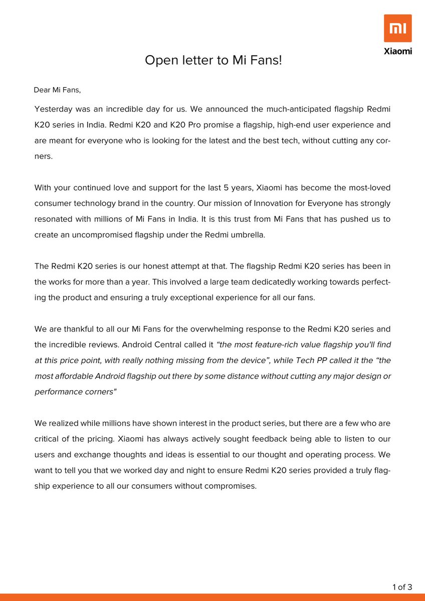 manukumarjain's tweet photo. An open letter to all our Mi fans for #RedmiK20 &amp; #RedmiK20 pro.

Thanks for your unconditional love and support 🙏

#Xiaomi ❤️ #FlagshipKiller https://t.co/C4PDVFMTMM