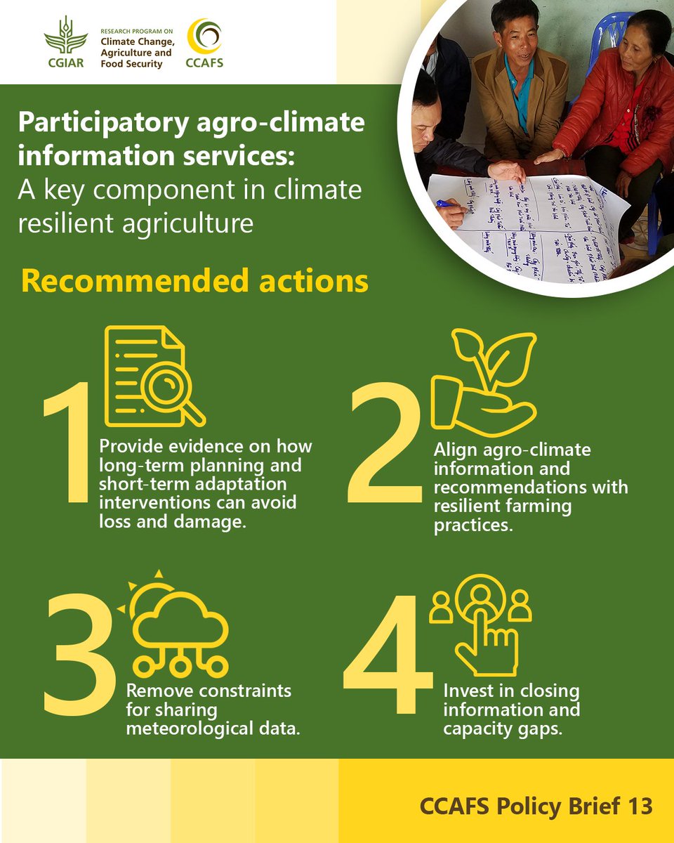 CGIARclimate's tweet image. #Agroclimate information services are essential to #farmers’ decision-making. New policy brief highlights various policy options &amp;amp; proactive adaptation measures: 👉hdl.handle.net/10568/101922 @ICRAF