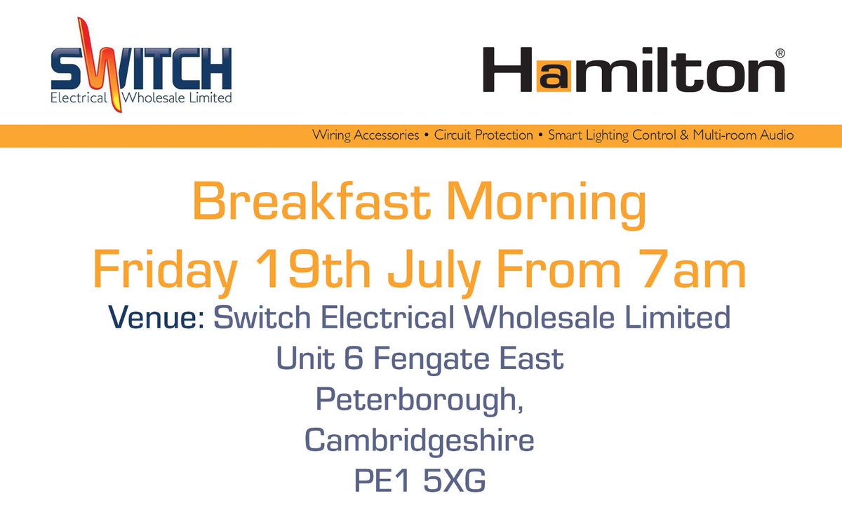 Hamilton_LS's tweet photo. Get down to @SwitchElectrics Peterborough tomorrow morning for the Hamilton Breakfast Morning from 7am!
#BreakfastMorning #SwitchElectrical #Hamilton_Litestat https://t.co/TRFSi7v2n7