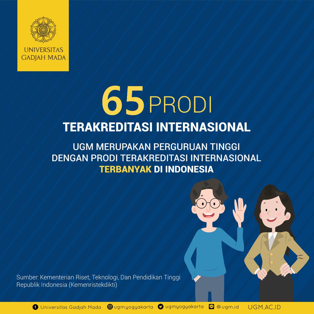 UGMYogyakarta's tweet photo. Tahukah kamu? 65 prodi di UGM sudah mendapatkan akreditasi internasional. Jumlah ini adalah yang terbanyak di antara seluruh perguruan tinggi di Indonesia lho. Prodi mana yang jadi pilihan #kawanUGM?

#ugmyogyakarta #ugm #kawanugm https://t.co/8oYj6JtimT