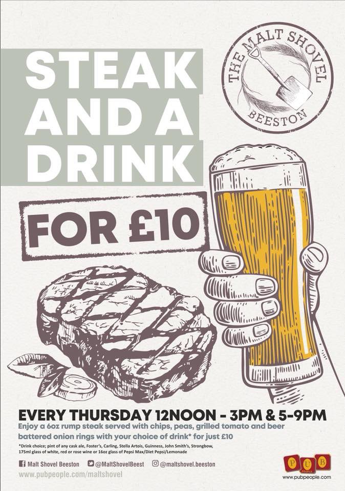 Thursday is STEAK &amp; A DRINK for £10

6oz rump steak and a pint of draught beer (or glass of wine) for just a tenner!! Terms and conditions apply. Subject to availability.