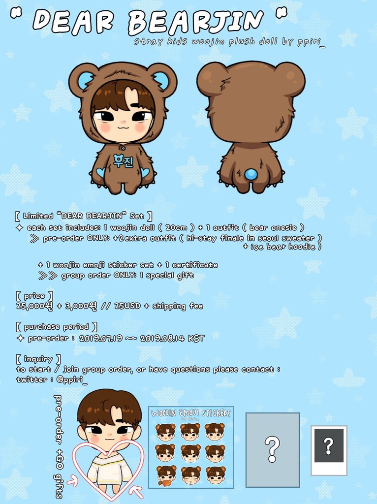 stayxskz's tweet photo. 📌🐻hello, this is a update post about “dear bearjin” doll!

+preorder has been extend duration:2019.07.19 ~ 2019.08.14
++reg. period: 2019.08.30~2019.09.15 

💞 new outfit added to preorder gift
+1 extra outfit: ice bear hoodie 

🐻link to purchase: https://t.co/tS68npiX5h https://t.co/YaRhsX7bfS