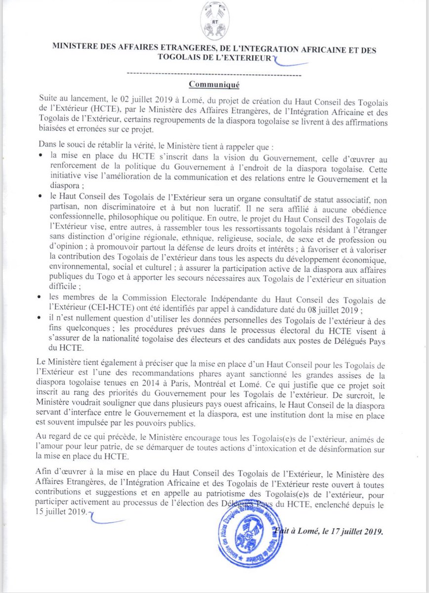 loiclawson1's tweet photo. #Togo #HCTE Suite au lancement du #HCTE , des groupements de la diaspora vont dans des affirmations et interprétations tout azimut et souvent erronées . Le #MAEIA réagit et clarifie. https://t.co/MBtACFolZE