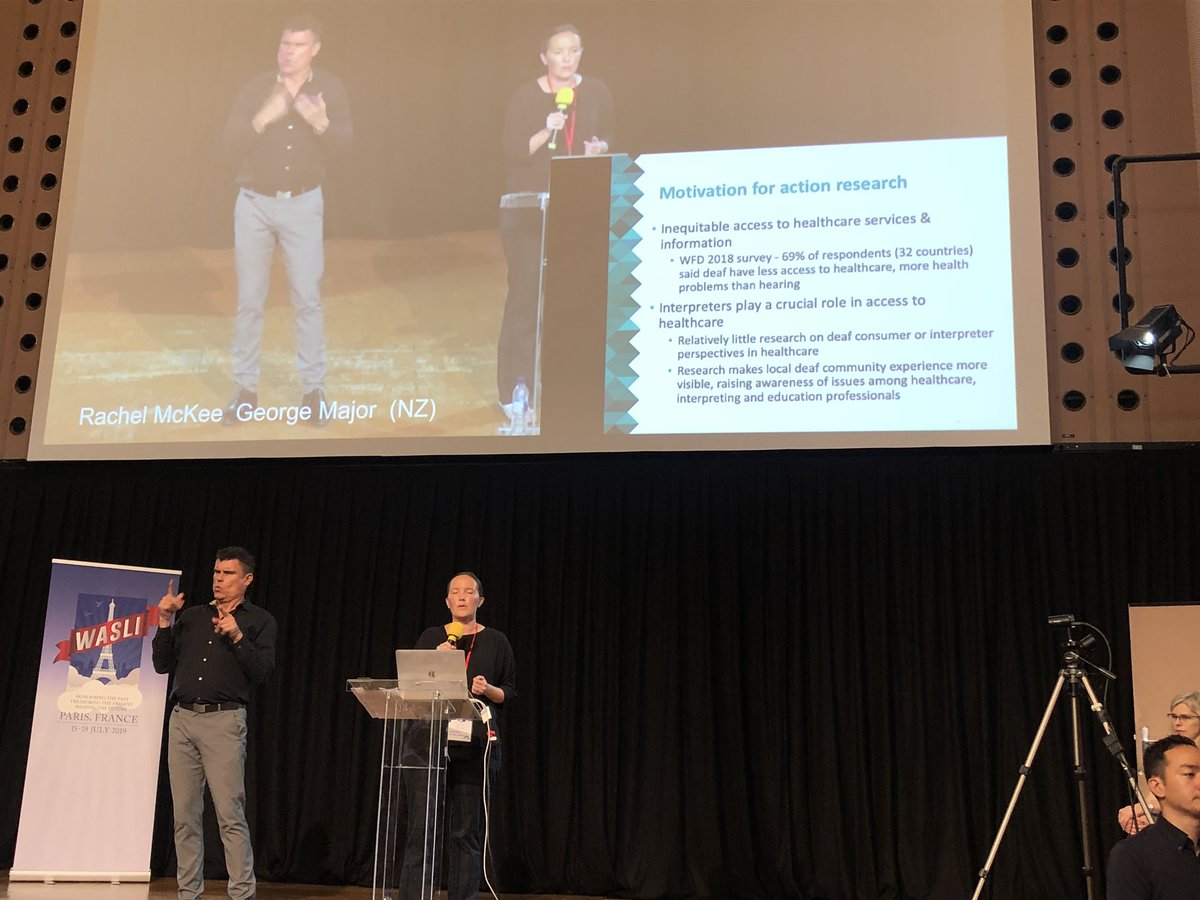 SLIANZ's tweet photo. Dr @georgecmajor and Dr Rachel McKeee from NZ on interpreters as collaborators in healthcare: importance of evidence of Deaf ppl and #1nt experiences to raise critical awareness. 1) Corpus of NZSL health stories 2) Qualitative wk on Deaf access to healthcare #wasliparis2019 https://t.co/LGeuN7vdJg