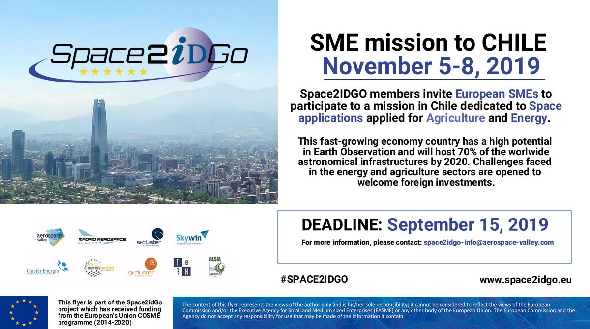 MadridAeroSpace's tweet photo. #SME: Do you want to develop your business activity in Chile? https://t.co/LSoSpjrPbW #SPACE2IDGO @Clusters_EU #Space #app #energy #agriculture https://t.co/KxAQRV1vYC