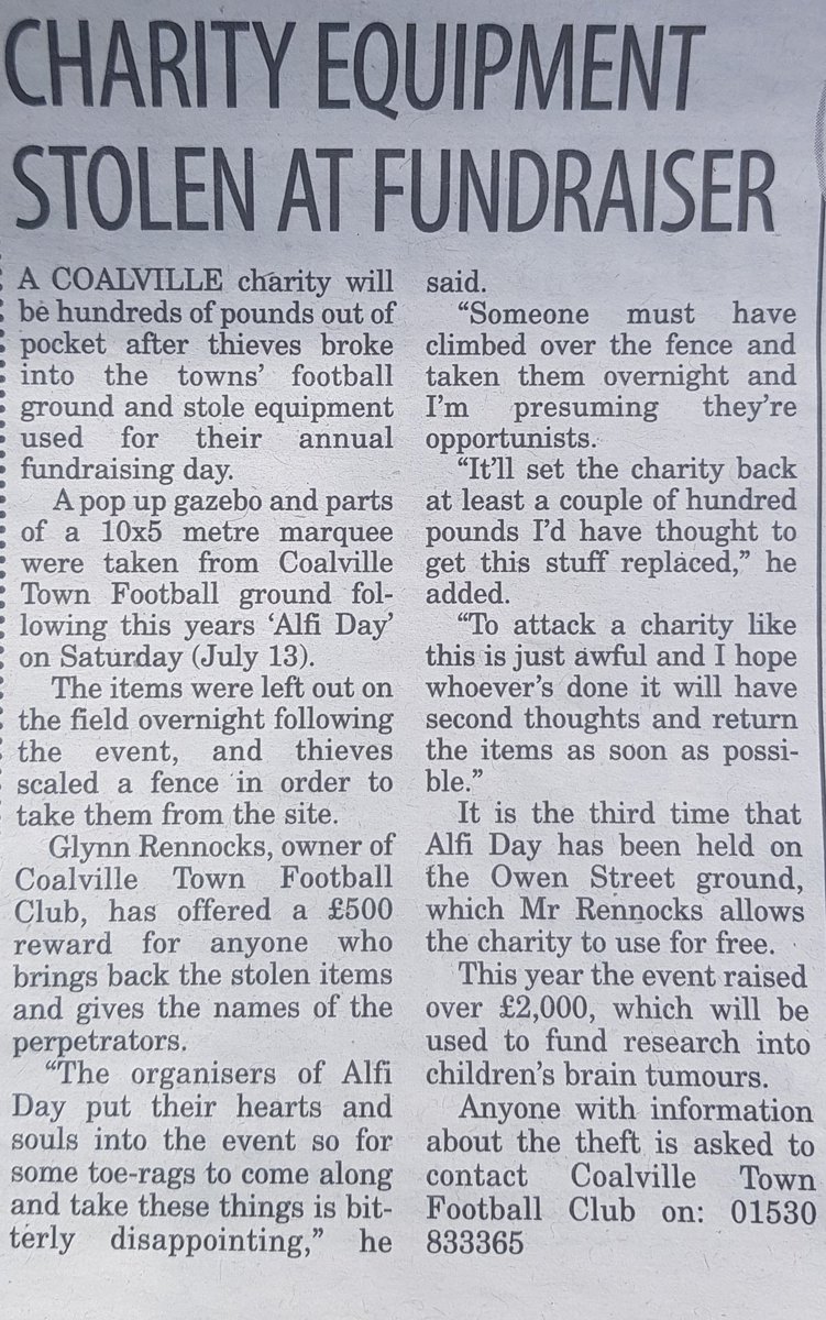Yay, we have made the <a href="/CoalvilleTimes/">Coalville Times</a> Thank you to everyone that supported Alfi Day. Below is the good &amp; bad of the day. 
<a href="/CBTRC1/">CBTRC</a> <a href="/HeadSmartUK/">HeadSmart</a> <a href="/CoalvilleTownFC/">Coalville Town FC</a> <a href="/premlogistics/">Premier Group</a> <a href="/boxingsecurity/">Simon Roberts</a> <a href="/norwoodpress/">Norwood Press</a> <a href="/MMmmbread/">NUMBER 22</a> <a href="/7sRaven/">Coalville Town Youth FC</a>