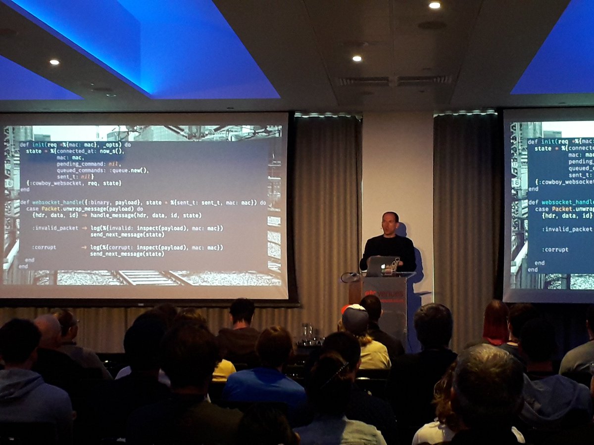 ErlangSolutions's tweet image. Fantastic talk from James Every on why #elixirlang is perfect for #IoT. Can you believe he was able to test 100 thousand devices on one server? #codeelixir #Myelixirstatus