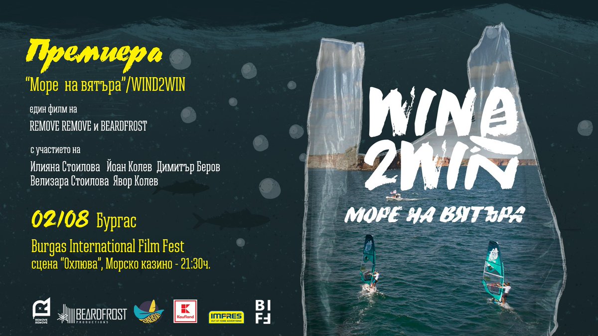 Wind2W's tweet image. 📣 Premiere Screening of the documentary WIND2WIN Challenge movie: 
August 2nd, 9:30 pm, Burgas. Summer stage "Ohliuva" (The Snail), "Sea Casino" Cultural Center - Burgas. 🤙 🌊 ♻️ #wind2win #wind2winchallenge