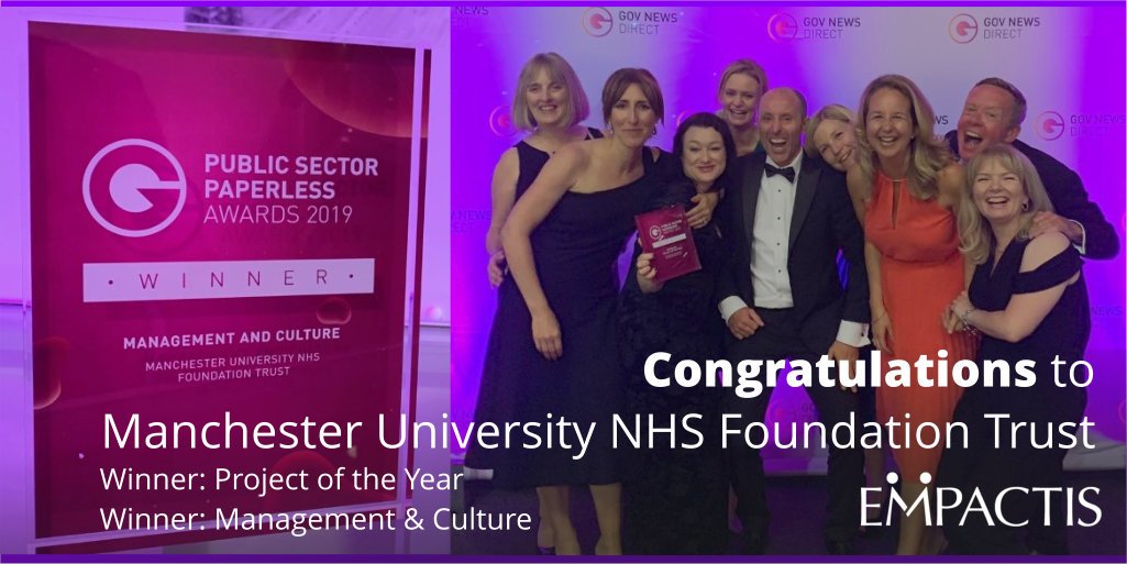 Empactis's tweet photo. Many congratulations to the marvellous team @MFTnhs on sweeping Project of the Year as well as Management and Culture gong at #paperlessawards! We were proud to be there, and to be a platform supporting such important transformation
 #nhs #publicsector https://t.co/gHNsAsJqbk