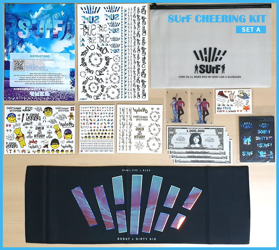 droptheroar's tweet photo. πThese are all items that you're getting with SUrF CHEERING KIT! π
Aren't they cool? I'm really proud of design and producing!
When your SUrF sets will be delivered, please use hashtag #SUrFwithMe to share photos and your reviews of slogan & tattoos!π
#iKON #BOBBY #DONGHYUK https://t.co/ge3Xdpx8fG