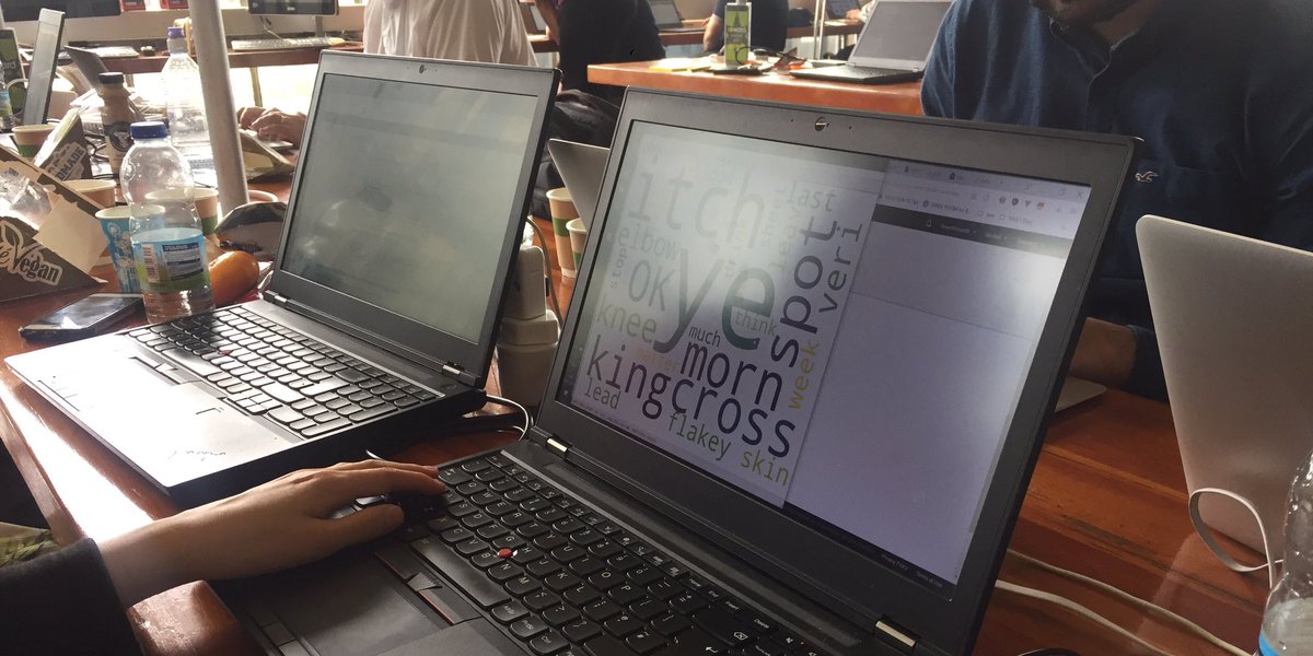 paulsweston's tweet photo. #stretchgoal putting some NLP and Wordcloud functionality into our reporting #DHSS19 #summerschoolhackdays https://t.co/TZ4MDYG7iM